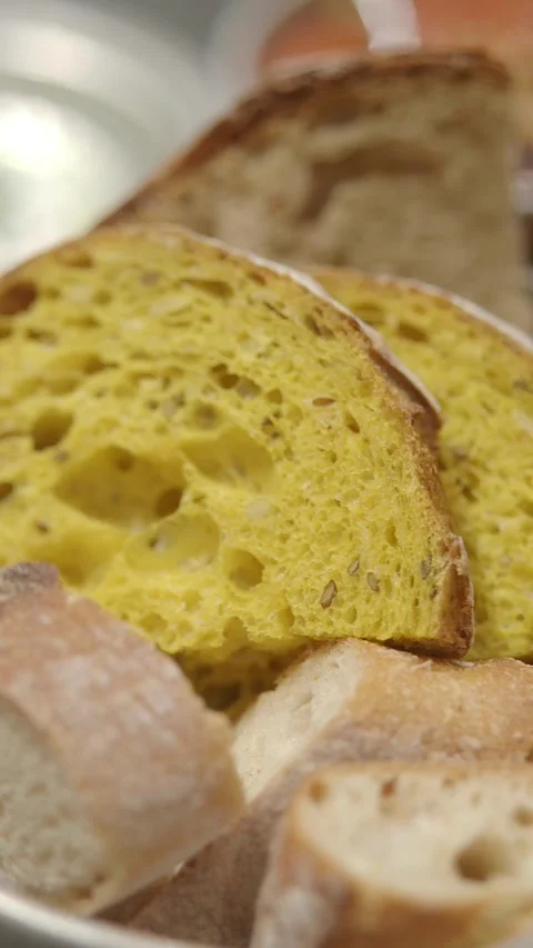 Fresh bread and tasty dip at local cafe in the morning Stock Footage 339378754