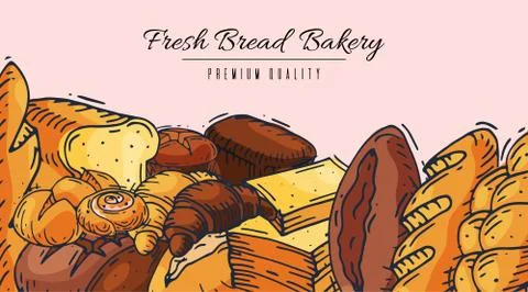 Fresh bread bakery banner vector illustration. Baking loaf and bagels Illustrazione stock
