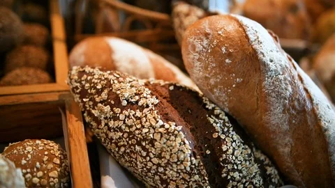 Fresh bread in bakery basket Stock Footage 127494207