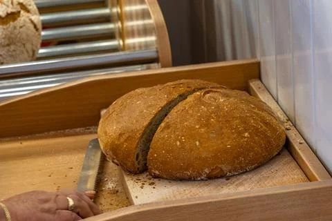Fresh bread on bakery counter during food shortage Stock Photos