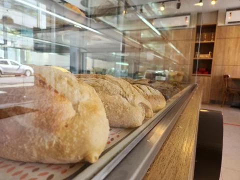 Fresh bread in a bakery display Stock Photos