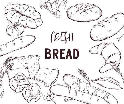 Fresh bread banner or poster design with hand drawn image of bakery productio Stock Illustration