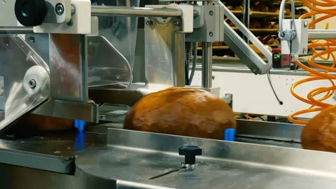 Fresh Bread Being Wrapped In Clear Packaging Film At Bread Packaging Line Stock Footage 258657750