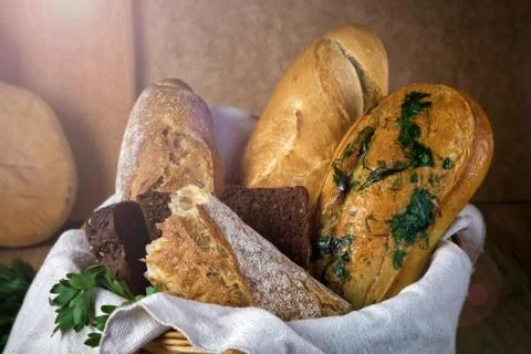 Fresh bread, buckwheat bread, garlic bread, French baguette Stock Photos