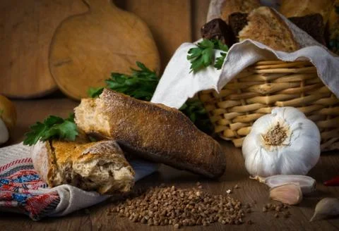 Fresh bread, buckwheat bread, garlic bread, French baguette Stock Photos