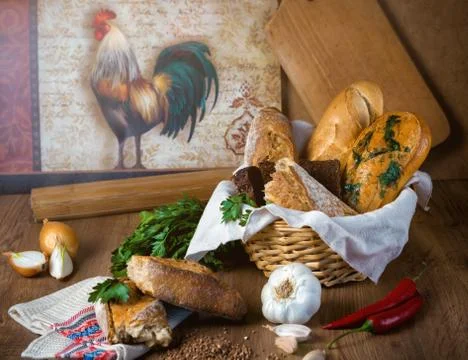 Fresh bread, buckwheat bread, garlic bread, French baguette Stock Photos