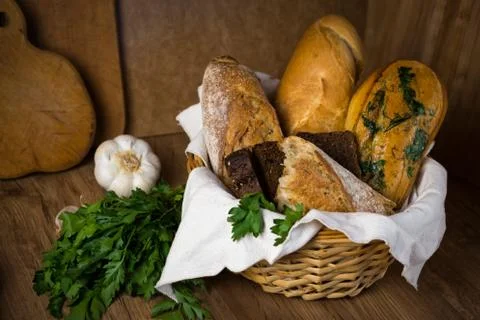 Fresh bread, buckwheat bread, garlic bread, French baguette Stock Photos