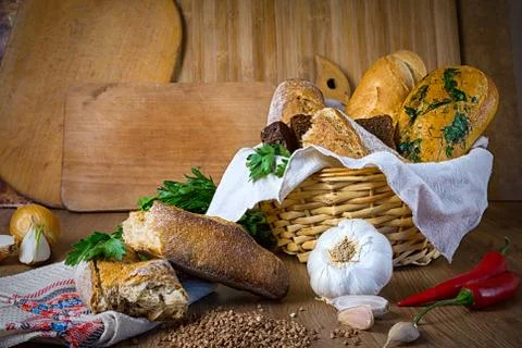 Fresh bread, buckwheat bread, garlic bread, French baguette Stock Photos