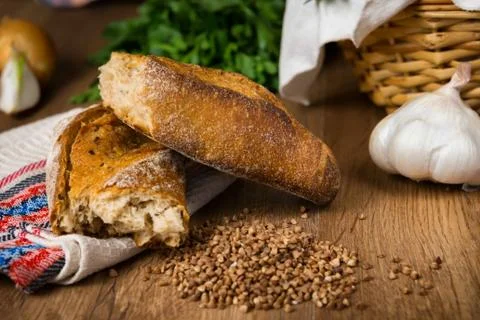 Fresh bread, buckwheat bread, garlic bread, French baguette Stock Photos