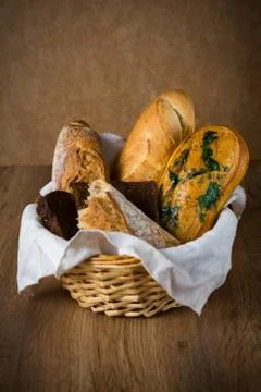 Fresh bread, buckwheat bread, garlic bread, French baguette Stock Photos