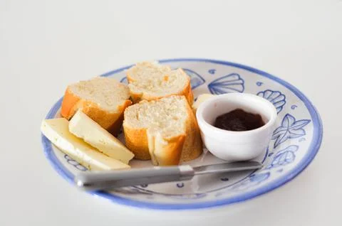 Fresh Bread, Cheese, and Jam Perfect Snack Plate Stock Photos