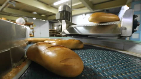 Fresh bread on the conveyor Stock Footage 63989786