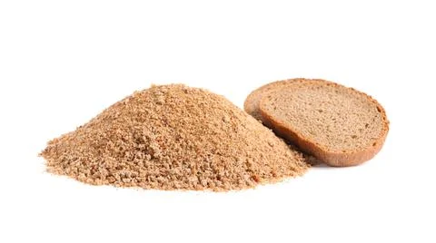 Fresh bread crumbs and slices of loaf on white background Stock Photos