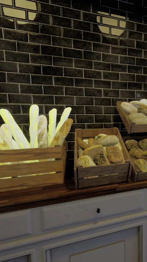 Fresh bread displayed in wooden crates at a bakery during daytime Stock Footage 331634073