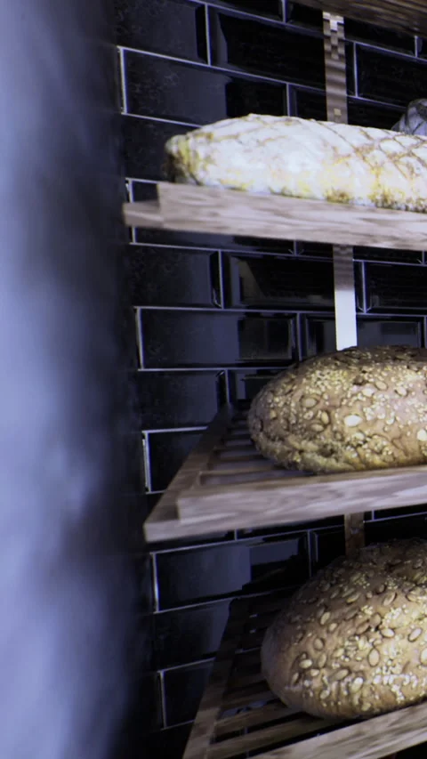Fresh bread is displayed on wooden shelves in a kitchen setting at a bakery Stock Footage 334883379