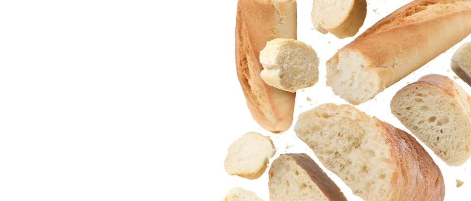 Fresh bread falling on white background. Banner design with space for text Stock Photos