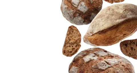 Fresh bread falling on white background. Banner design with space for text Stock Photos
