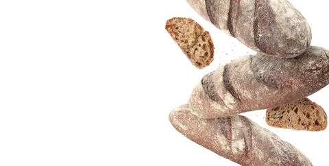 Fresh bread falling on white background. Banner design with space for text Stock Photos