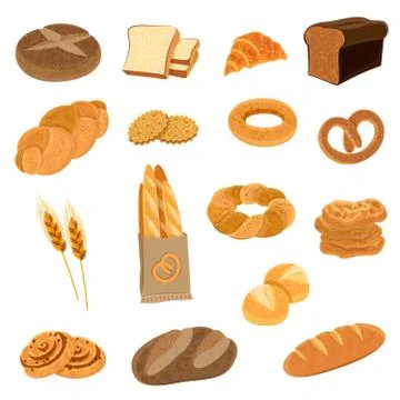 Fresh Bread Flat Icons Set Stock Illustration