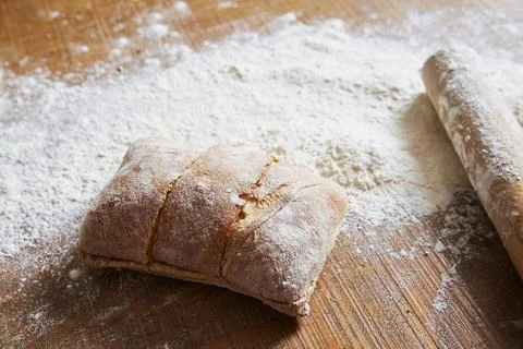 Fresh bread, flour and rolling pin Stock Photos