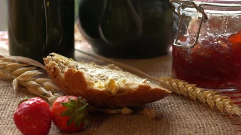 Fresh bread with fruit jam for breakfast Stock Footage 158197337