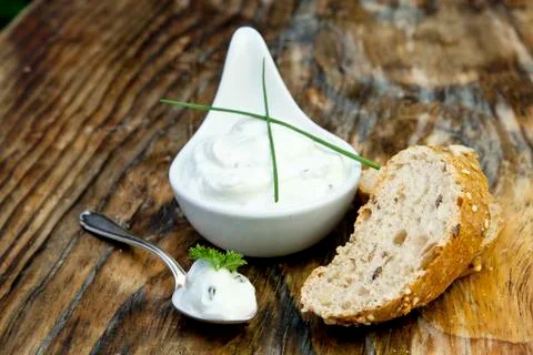 Fresh bread with herb curd dinner Stock Photos