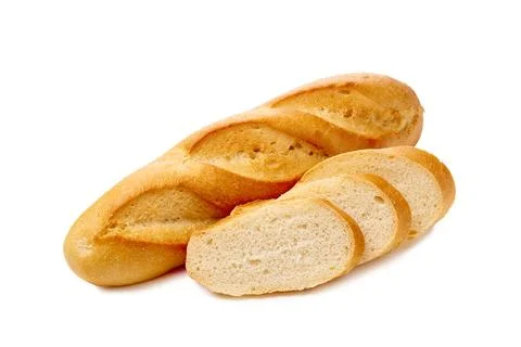 Fresh bread loaf and three slices on white background Stock Photos