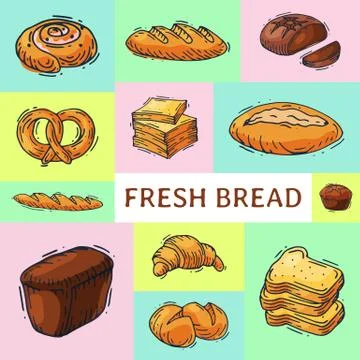 Fresh bread loaf banner vector illustration. Baking loaves, bagels and ciabatta Ilustración de archivo