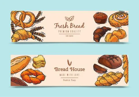 Fresh bread loaf banners vector illustration. Baking loaves, bagels and ciabatta Illustrazione stock