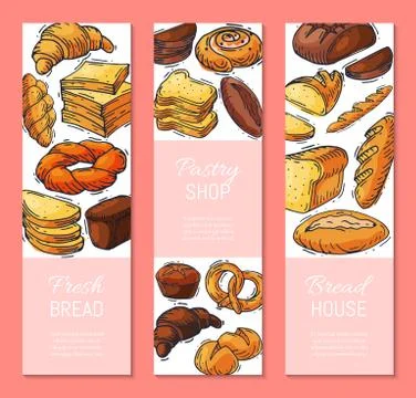 Fresh bread loaf vertical banner vector illustration. Baking loaves, bagels and Illustrazione stock