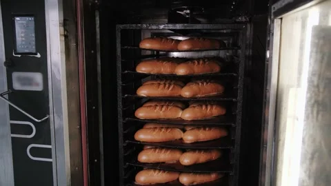 Fresh Bread Loaves Baking Inside Industrial Oven Rack Stock Footage 321694885