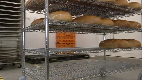 Fresh Bread Loaves Cooling on Racks in Commercial Bakery Stock Footage 346472500
