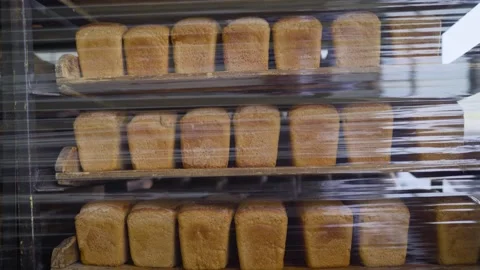 Fresh Bread Loaves On Shelves At Bakery Stock Footage 334182440