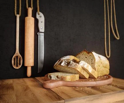 Fresh bread with oat sliced on a slate cutting board photo background copy space 스톡 일러스트