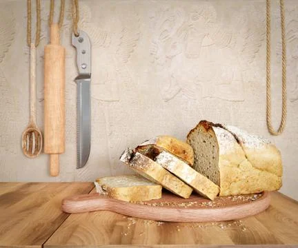 Fresh bread with oat sliced on a slate cutting board photo background copy space Stock Illustration