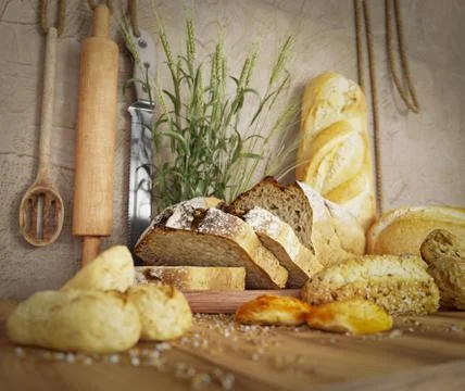 Fresh bread with oat sliced on a slate cutting board photo background copy space Stock Illustration