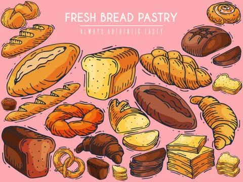 Fresh bread pastry banner vector illustration. Baking loaves, bagels and Illustrazione stock