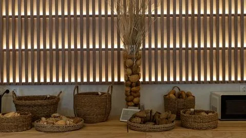 Fresh Bread Rolls in Wicker Baskets at a Hotel Breakfast Buffet Photos