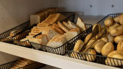 Fresh Bread Selection on Hotel Breakfast Buffet Display Stock Photos