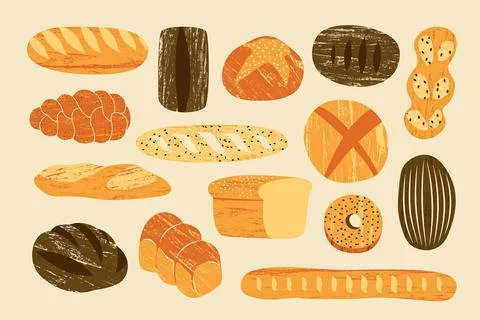 Fresh bread set. Cartoon bakery products, sliced loaf baguette ciabatta Stock Illustration