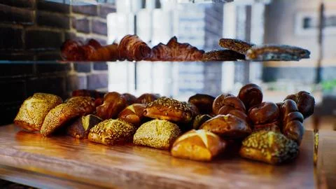 Fresh bread on shelves in bakery 库存插图
