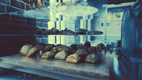 Fresh bread on shelves in bakery 库存插图