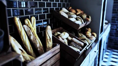 Fresh bread on shelves in bakery 库存插图
