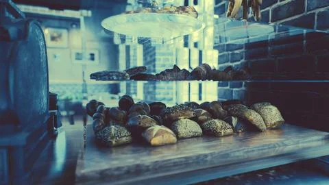 Fresh bread on shelves in bakery 库存插图