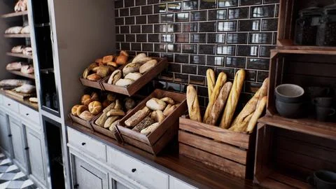 Fresh bread on shelves in bakery 库存插图