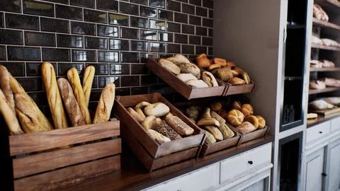 Fresh bread on shelves in bakery 库存插图
