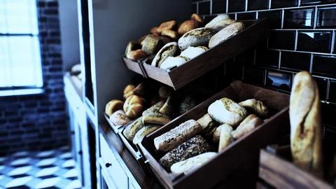 Fresh bread on shelves in bakery 库存插图