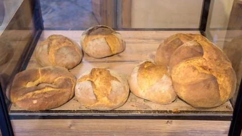 Fresh bread on a shop shelf Stock Photos