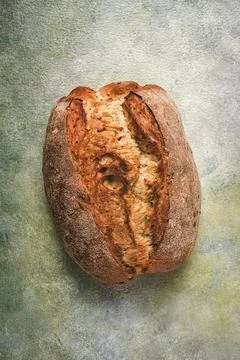 Fresh bread, sourdough, oval shape, top view, rustic style 스톡 사진