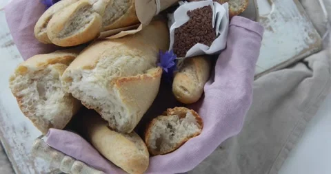 Fresh bread. Top view, rotation Stock Footage 133546990